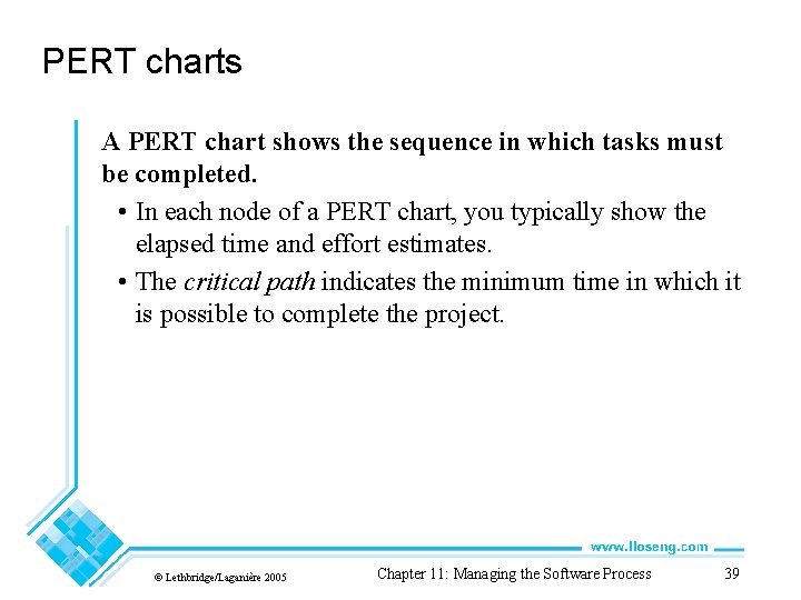 PERT charts A PERT chart shows the sequence in which tasks must be completed.