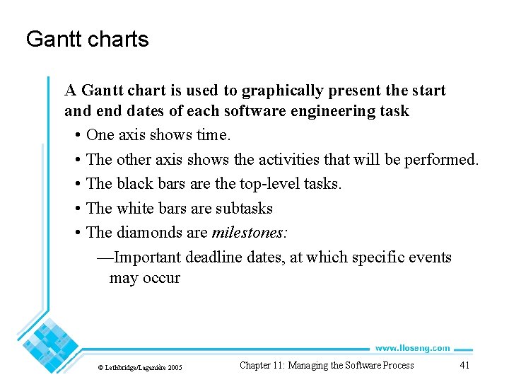 Gantt charts A Gantt chart is used to graphically present the start and end