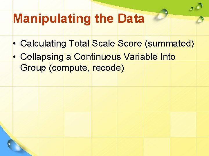 Manipulating the Data • Calculating Total Scale Score (summated) • Collapsing a Continuous Variable