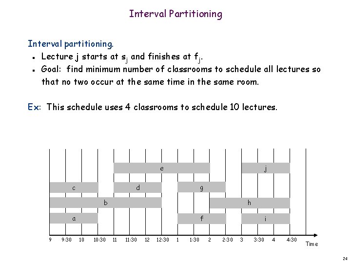 Interval Partitioning Interval partitioning. Lecture j starts at sj and finishes at fj. Goal: