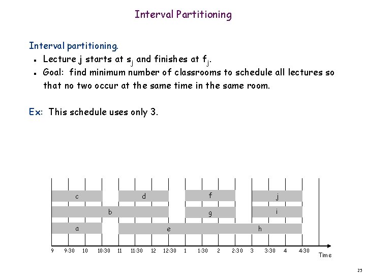 Interval Partitioning Interval partitioning. Lecture j starts at sj and finishes at fj. Goal: