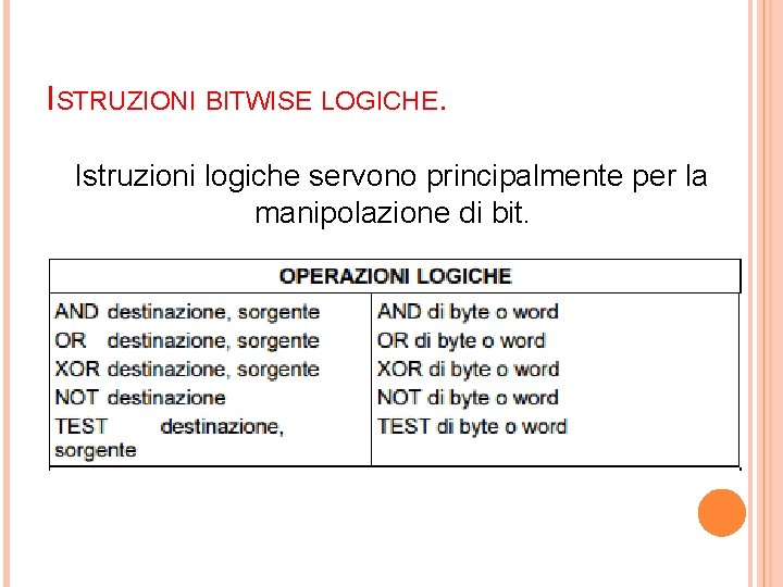 ISTRUZIONI BITWISE LOGICHE. Istruzioni logiche servono principalmente per la manipolazione di bit. 