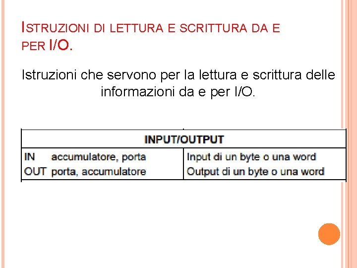 ISTRUZIONI DI LETTURA E SCRITTURA DA E PER I/O. Istruzioni che servono per la