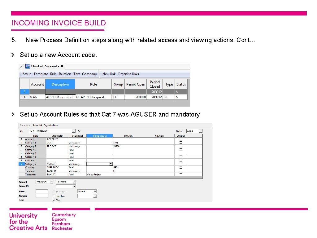 INCOMING INVOICE BUILD 5. New Process Definition steps along with related access and viewing