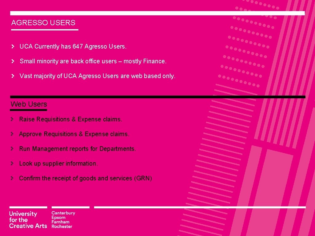 AGRESSO USERS UCA Currently has 647 Agresso Users. Small minority are back office users