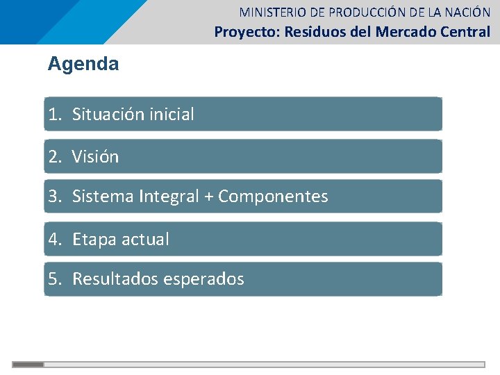 MINISTERIO DE PRODUCCIÓN DE LA NACIÓN Proyecto: Residuos del Mercado Central Agenda 1. Situación