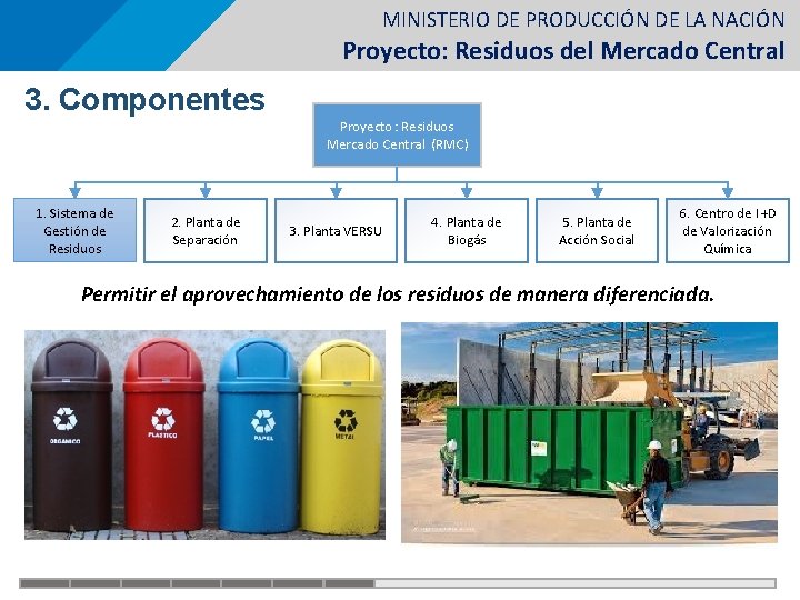 MINISTERIO DE PRODUCCIÓN DE LA NACIÓN Proyecto: Residuos del Mercado Central 3. Componentes Proyecto