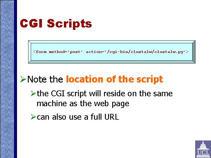 CGI Scripts <form method="post" action="/cgi-bin/clustalw. py"> Note the location of the script the CGI