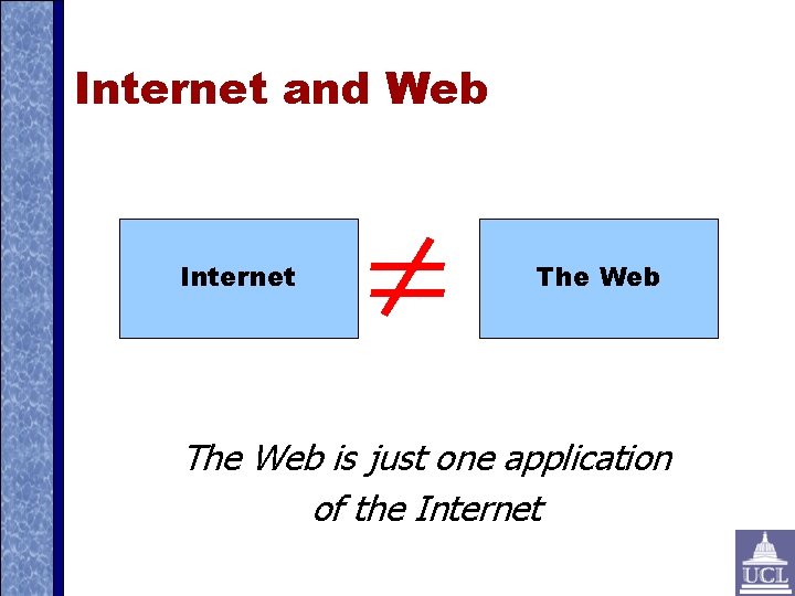 Internet and Web Internet The Web is just one application of the Internet 