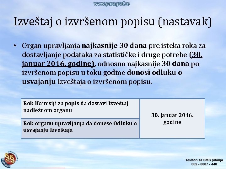 Izveštaj o izvršenom popisu (nastavak) • Organ upravljanja najkasnije 30 dana pre isteka roka Izveštaj o izvršenom popisu (nastavak) • Organ upravljanja najkasnije 30 dana pre isteka roka