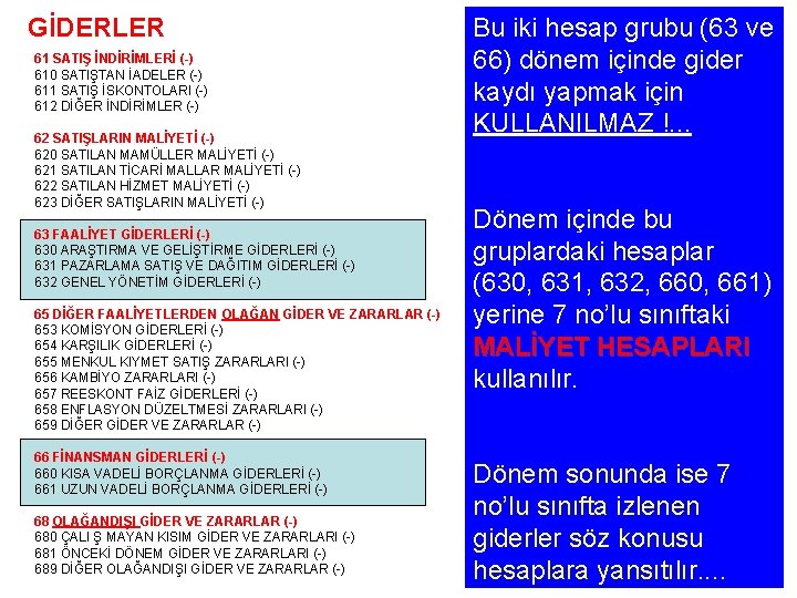 GİDERLER 61 SATIŞ İNDİRİMLERİ (-) 610 SATIŞTAN İADELER (-) 611 SATIŞ İSKONTOLARI (-) 612