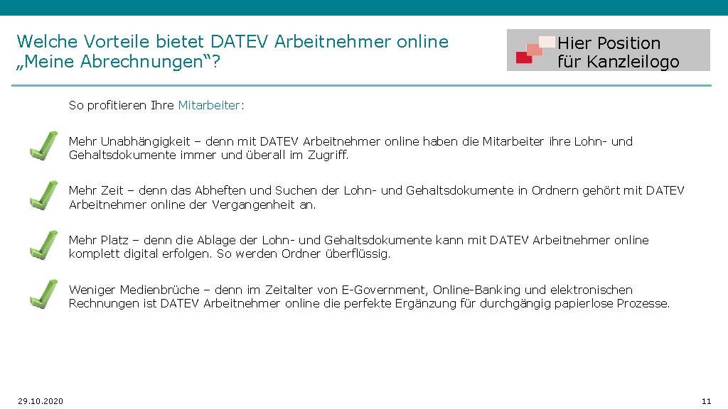 Welche Vorteile bietet DATEV Arbeitnehmer online „Meine Abrechnungen“? Hier Position für Kanzleilogo So profitieren