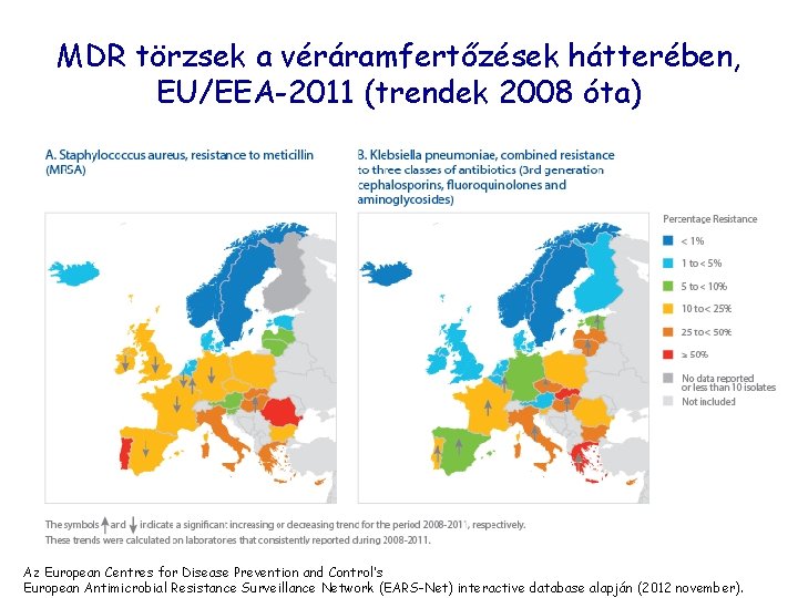 MDR törzsek a véráramfertőzések hátterében, EU/EEA-2011 (trendek 2008 óta) Az European Centres for Disease