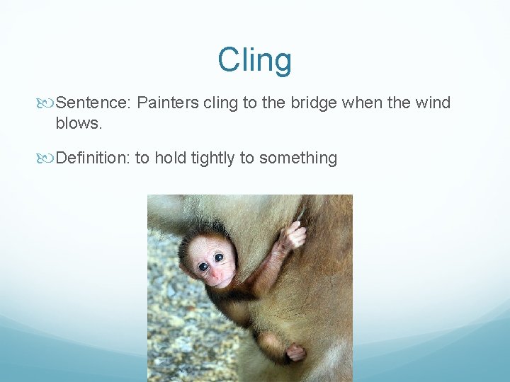 Cling Sentence: Painters cling to the bridge when the wind blows. Definition: to hold
