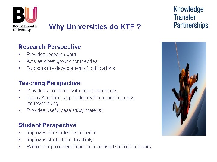 Why Universities do KTP ? Research Perspective • • • Provides research data Acts