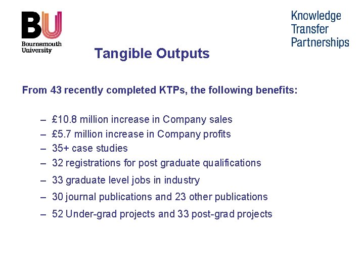 Tangible Outputs From 43 recently completed KTPs, the following benefits: – – £ 10.