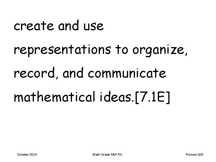 create and use representations to organize, record, and communicate mathematical ideas. [7. 1 E]