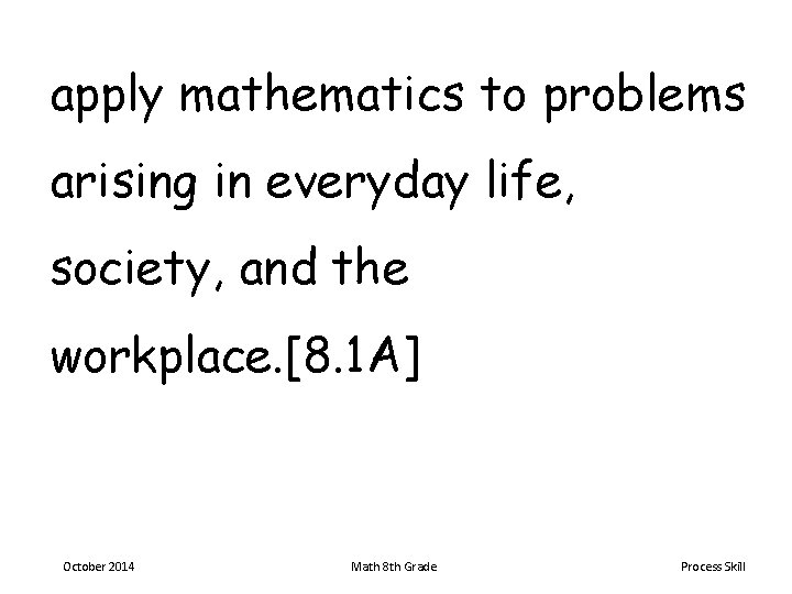 apply mathematics to problems arising in everyday life, society, and the workplace. [8. 1