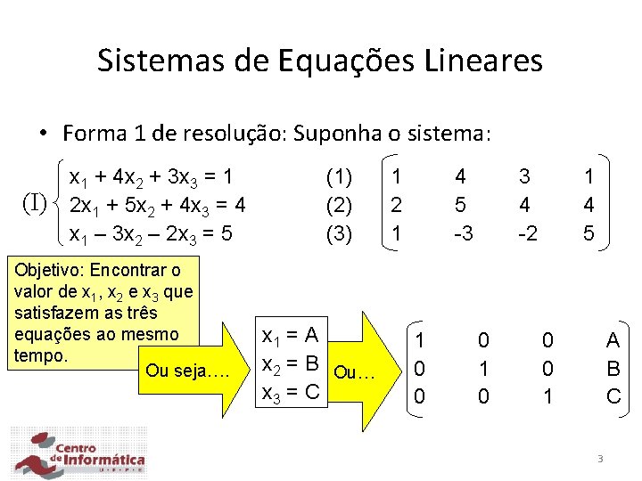 Sistemas de Equações Lineares • Forma 1 de resolução: Suponha o sistema: (I) x