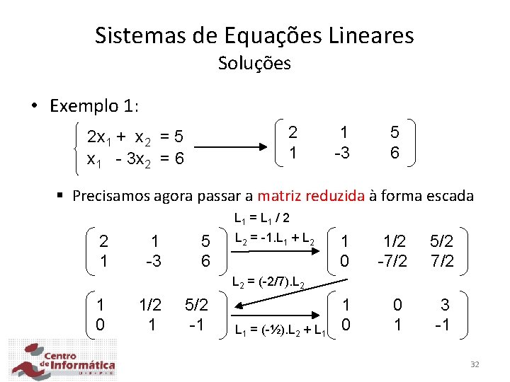 Sistemas de Equações Lineares Soluções • Exemplo 1: 2 1 2 x 1 +
