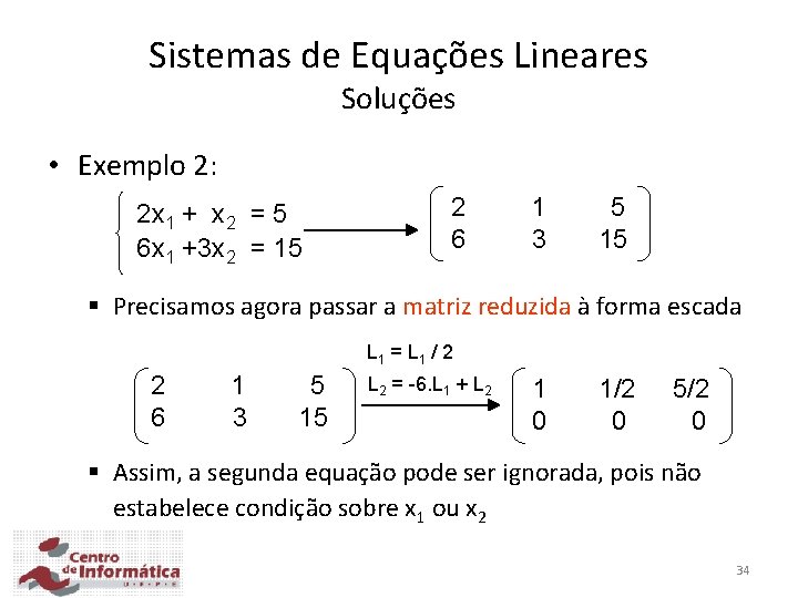 Sistemas de Equações Lineares Soluções • Exemplo 2: 2 x 1 + x 2