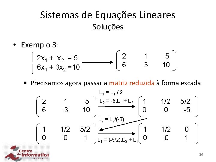 Sistemas de Equações Lineares Soluções • Exemplo 3: 2 6 2 x 1 +