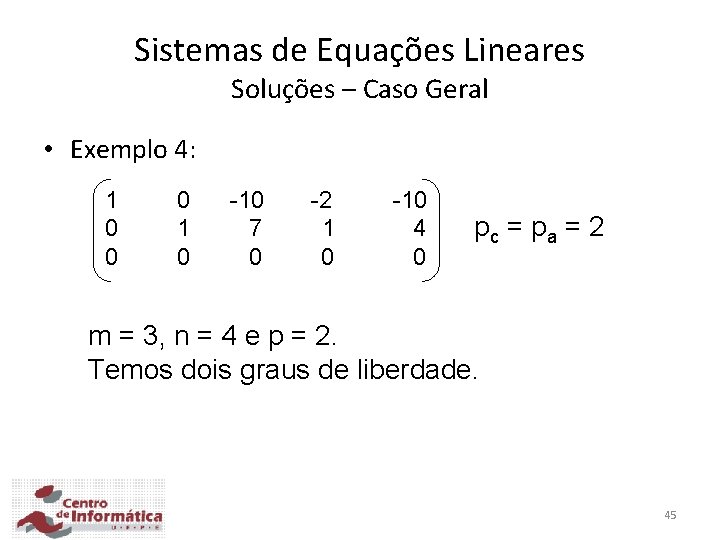 Sistemas de Equações Lineares Soluções – Caso Geral • Exemplo 4: 1 0 0