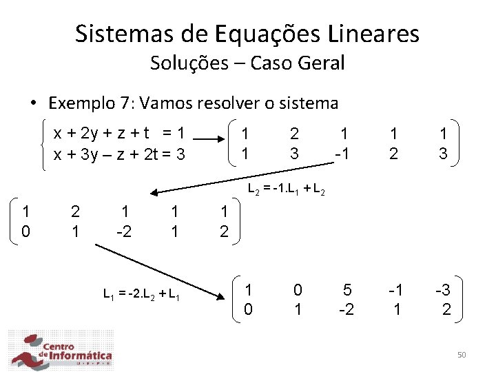 Sistemas de Equações Lineares Soluções – Caso Geral • Exemplo 7: Vamos resolver o