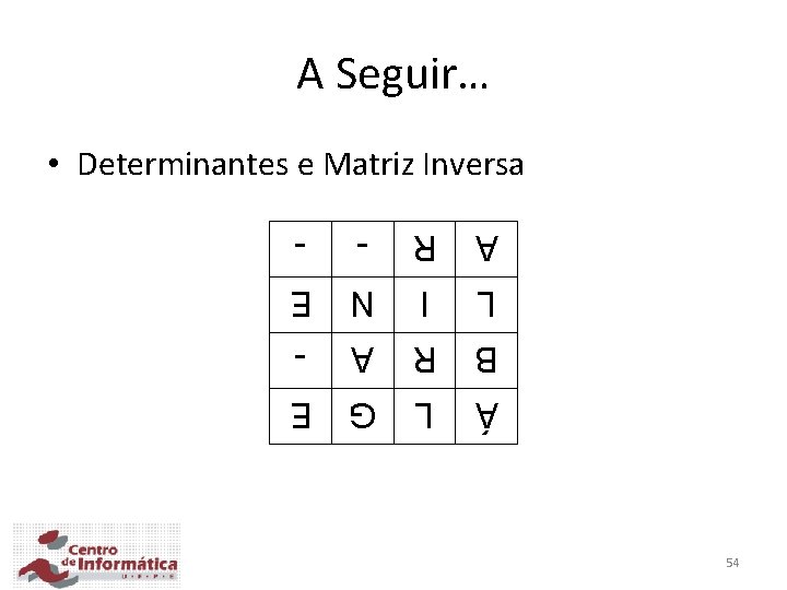 A Seguir… • Determinantes e Matriz Inversa 54 R A I L R B