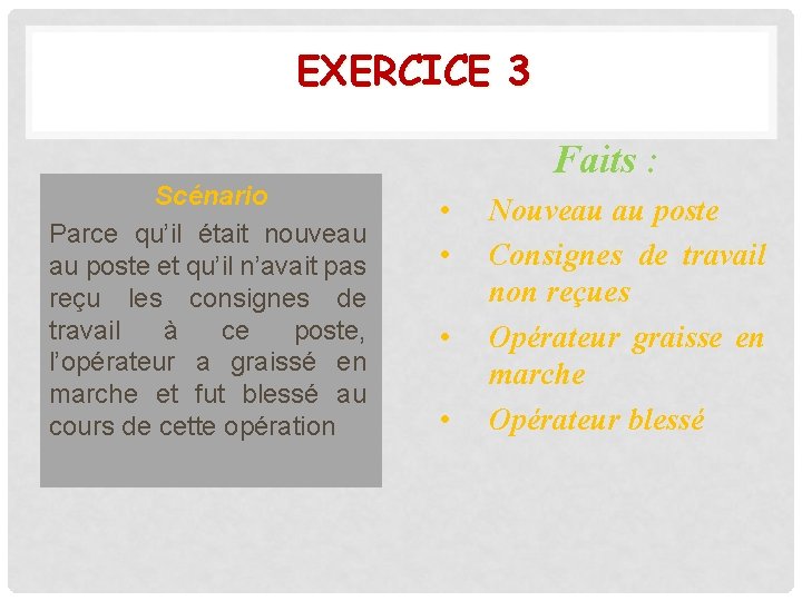 EXERCICE 3 Scénario Parce qu’il était nouveau au poste et qu’il n’avait pas reçu