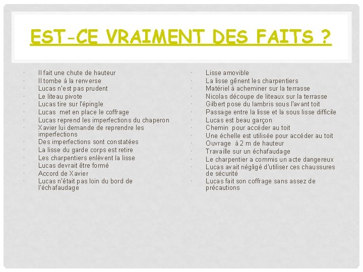 EST-CE VRAIMENT DES FAITS ? Il fait une chute de hauteur Il tombe à