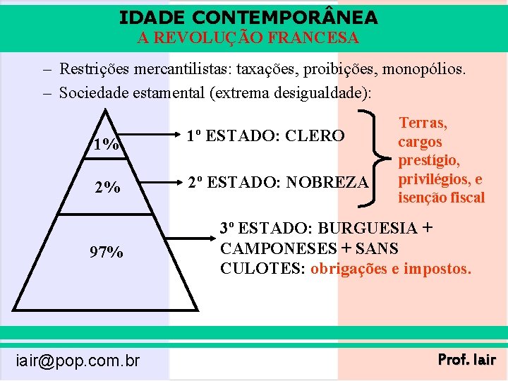 IDADE CONTEMPOR NEA A REVOLUÇÃO FRANCESA – Restrições mercantilistas: taxações, proibições, monopólios. – Sociedade