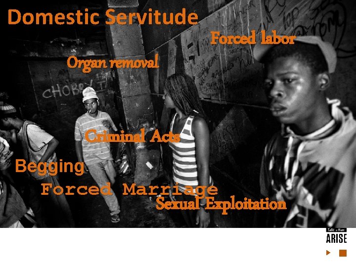 Domestic Servitude Organ removal Forced labor Criminal Acts Begging Forced Marriage Sexual Exploitation Domestic Servitude Organ removal Forced labor Criminal Acts Begging Forced Marriage Sexual Exploitation