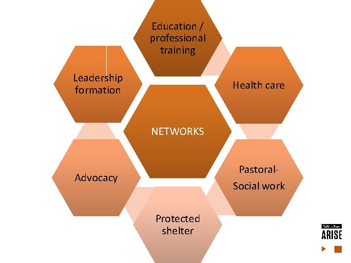 Education / professional training Leadership formation Health care NETWORKS Pastoral. Social work Advocacy Protected