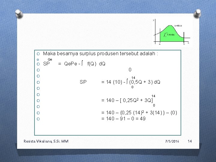 O Maka besarnya surplus produsen tersebut adalah : O Qe O SP = Qe.