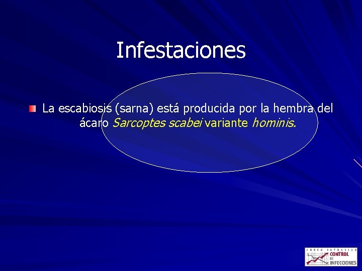 Infestaciones La escabiosis (sarna) está producida por la hembra del ácaro Sarcoptes scabei variante