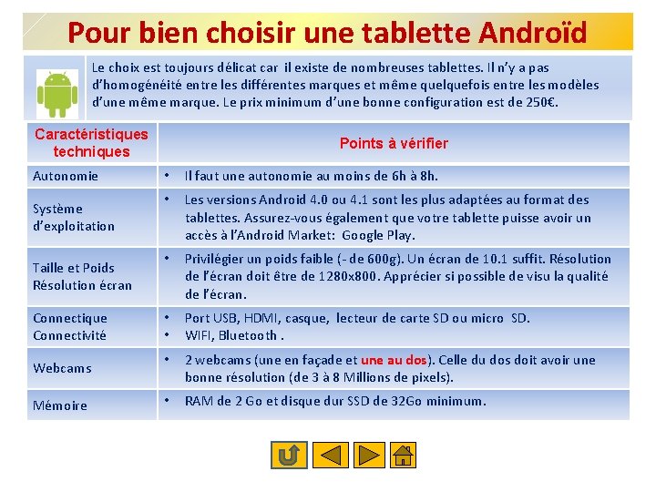 Pour bien choisir une tablette Androïd Le choix est toujours délicat car il existe