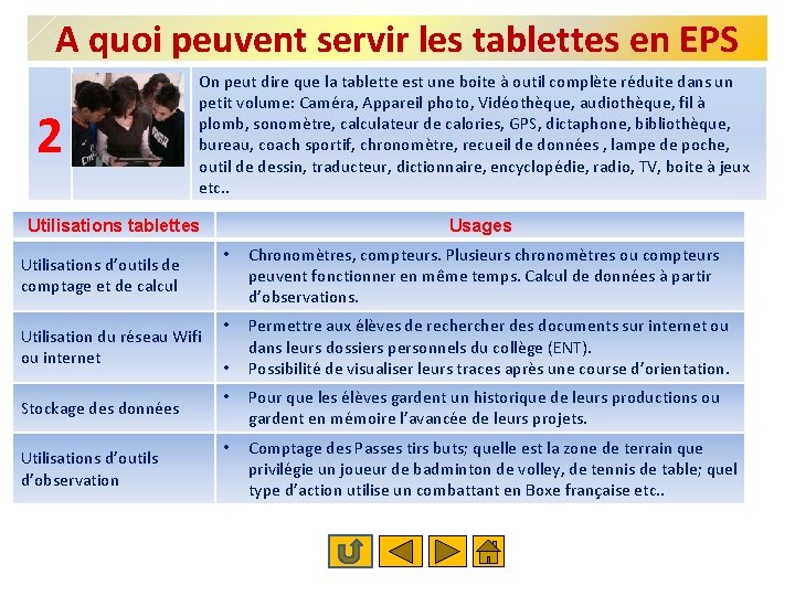 A quoi peuvent servir les tablettes en EPS 2 On peut dire que la