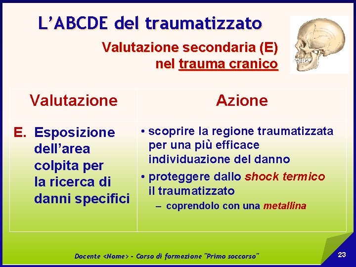 L’ABCDE del traumatizzato Valutazione secondaria (E) nel trauma cranico Valutazione Azione • scoprire la