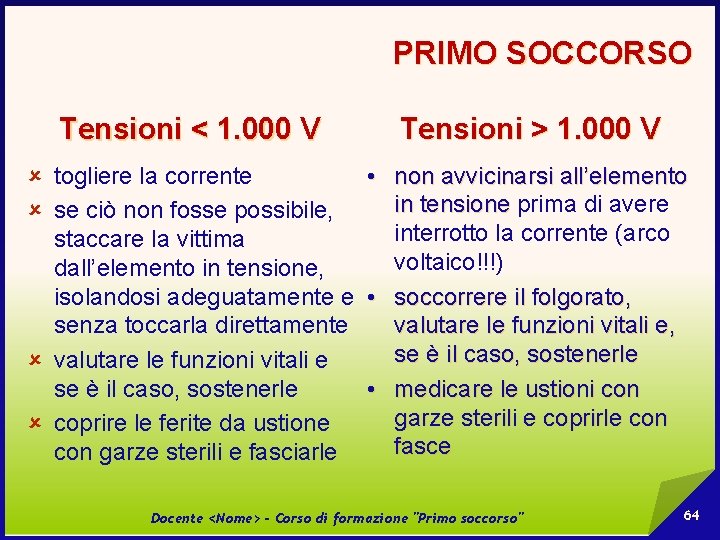 PRIMO SOCCORSO Tensioni < 1. 000 V Tensioni > 1. 000 V û togliere