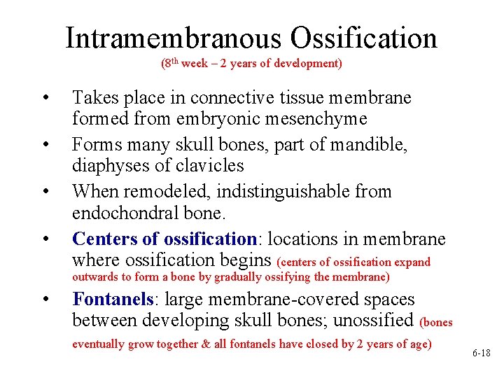 Intramembranous Ossification (8 th week – 2 years of development) • • Takes place