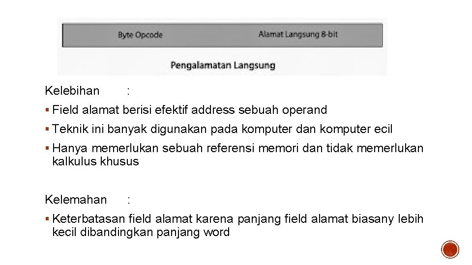 Kelebihan : § Field alamat berisi efektif address sebuah operand § Teknik ini banyak