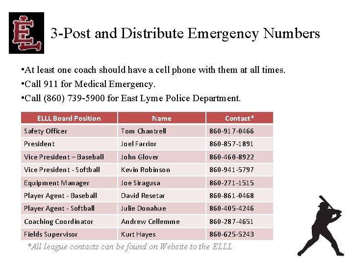 3 -Post and Distribute Emergency Numbers • At least one coach should have a