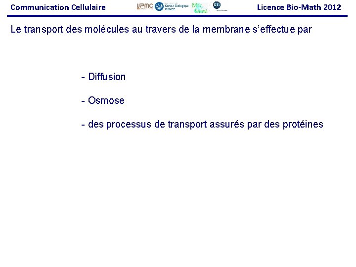 Communication Cellulaire Licence Bio-Math 2012 Le transport des molécules au travers de la membrane