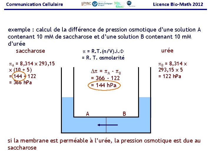 Communication Cellulaire Licence Bio-Math 2012 exemple : calcul de la différence de pression osmotique