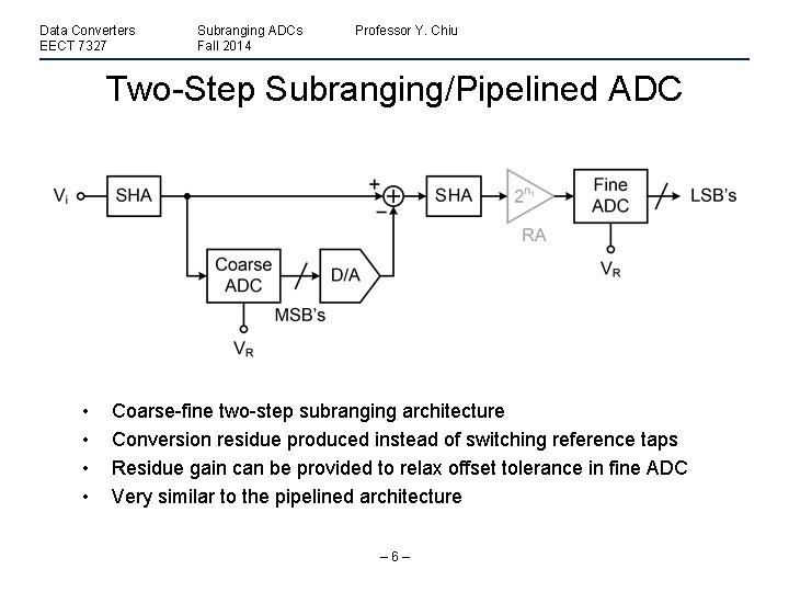 Data Converters EECT 7327 Subranging ADCs Fall 2014 Professor Y. Chiu Two-Step Subranging/Pipelined ADC