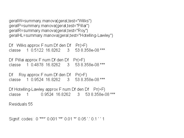 geral. W=summary. manova(geral, test="Wilks") geral. P=summary. manova(geral, test="Pillai") geral. R=summary. manova(geral, test="Roy") geral. HL=summary.