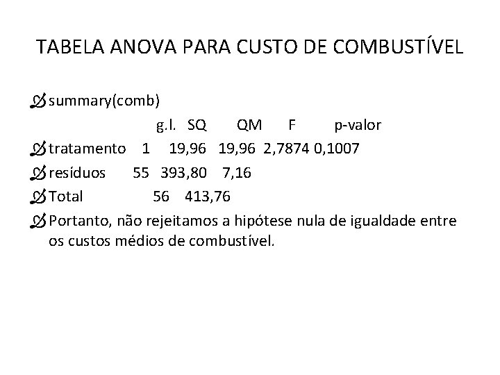 TABELA ANOVA PARA CUSTO DE COMBUSTÍVEL summary(comb) g. l. SQ QM F p-valor tratamento