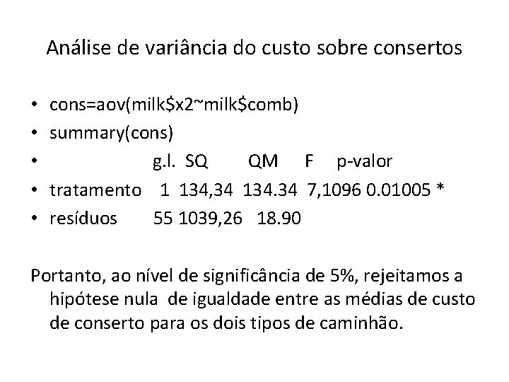 Análise de variância do custo sobre consertos • • • cons=aov(milk$x 2~milk$comb) summary(cons) g.