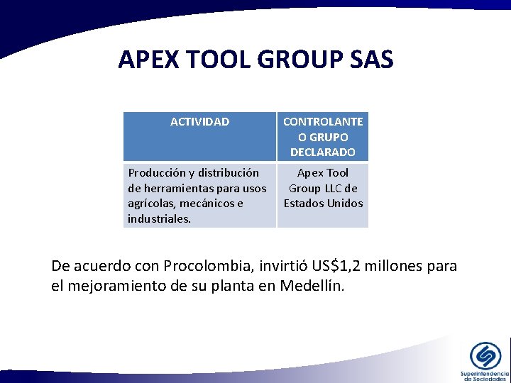 APEX TOOL GROUP SAS ACTIVIDAD CONTROLANTE O GRUPO DECLARADO Producción y distribución de herramientas